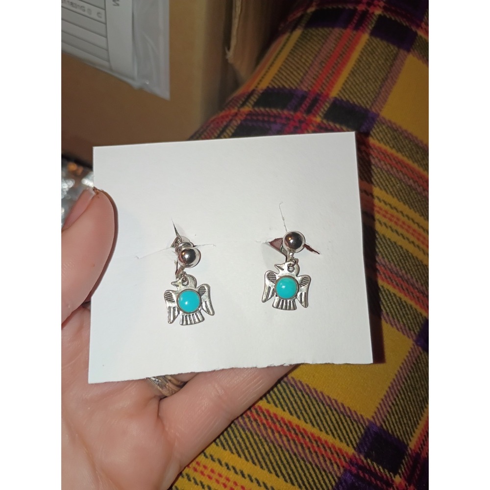 Thunderbolt Faux Turquoise Silver Tone Vintage Clip On Earrings